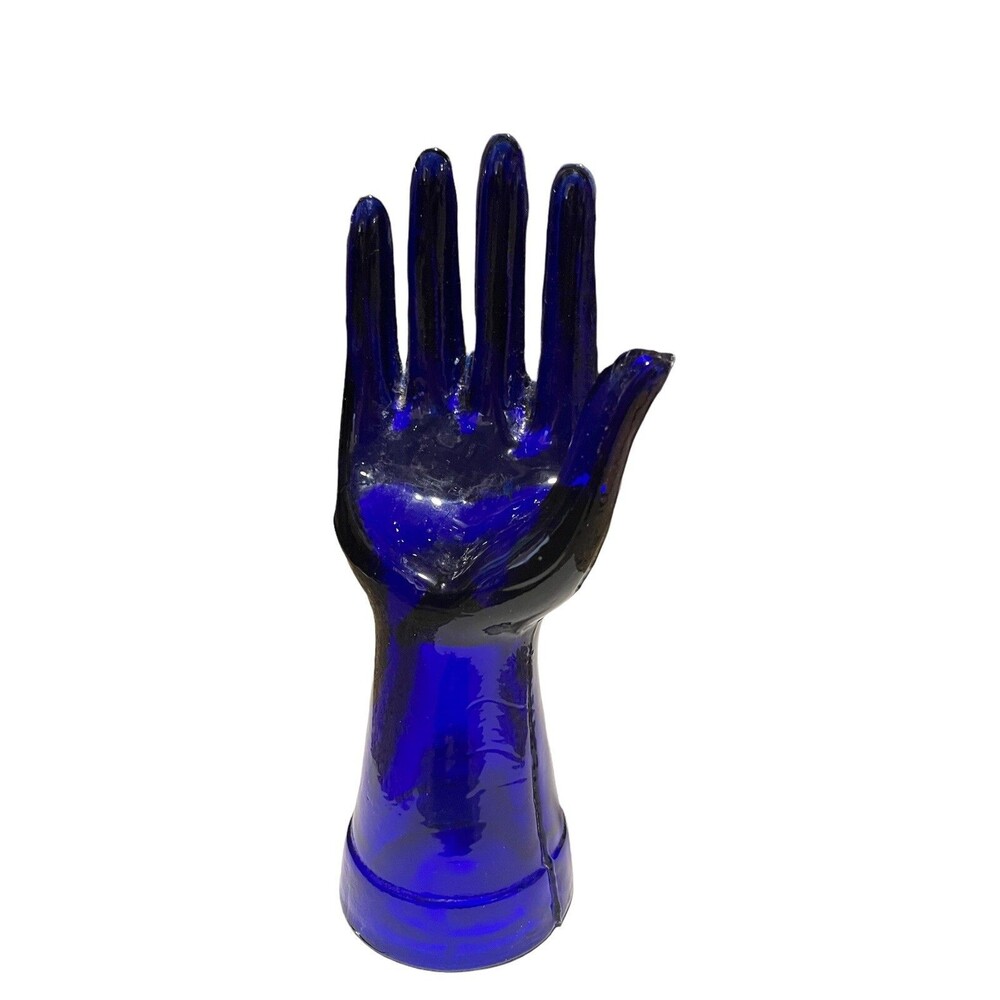Pressed Depression Glass Hand Mid Century Jewelry Ring Holder Blue